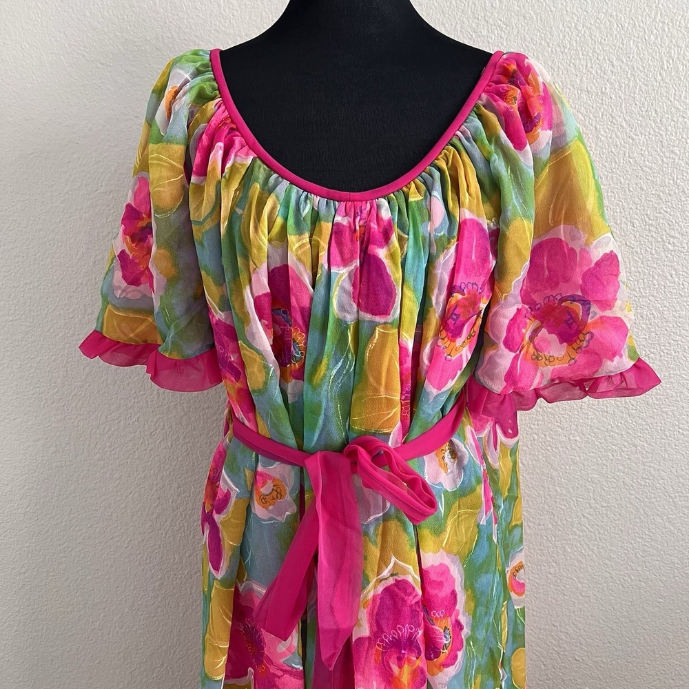Vintage Jenelle of California Gown Belted Ruffles Floral Lined Colorful Nylon - Picture 3 of 14